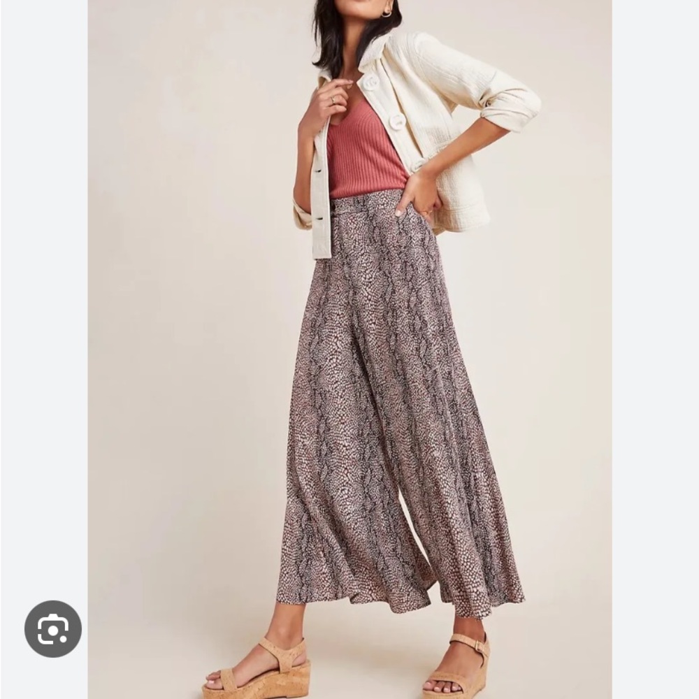 Anthropologie Skirted Wide Leg Snake Print Pants Size, brown tones, 10